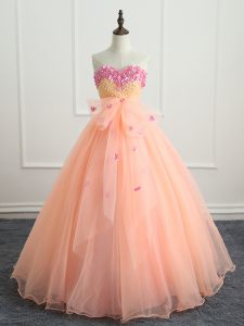 Peach Sleeveless Organza Lace Up 15 Quinceanera Dress for Military Ball and Sweet 16 and Quinceanera