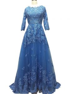 3 4 Length Sleeve Tulle Brush Train Zipper Homecoming Dress in Blue with Lace and Appliques