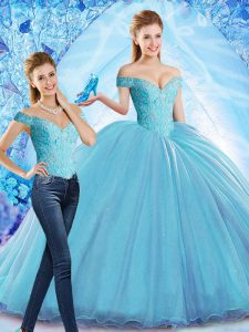 Exceptional Sleeveless Beading Lace Up Vestidos de Quinceanera with Baby Blue Sweep Train