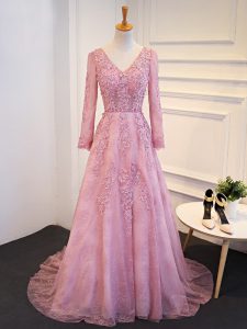 Attractive Long Sleeves Brush Train Lace Up Lace and Appliques Homecoming Dress