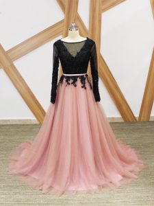 Pink And Black Zipper Scoop Lace and Appliques and Sashes ribbons Prom Evening Gown Tulle Long Sleeves Brush Train