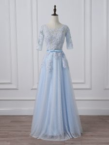 Fashion 3 4 Length Sleeve Beading and Lace and Appliques Lace Up Prom Gown with Light Blue