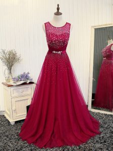 Scoop Sleeveless Brush Train Zipper Dress for Prom Fuchsia Tulle