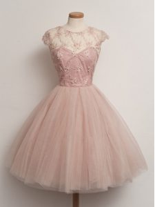 Fine Peach Cap Sleeves Tulle Lace Up Court Dresses for Sweet 16 for Prom and Party and Wedding Party