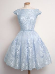 Light Blue Quinceanera Court of Honor Dress Prom and Party and Wedding Party with Lace Scalloped Cap Sleeves Lace Up