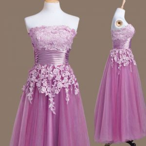 Tea Length Lilac Court Dresses for Sweet 16 Tulle Sleeveless Appliques