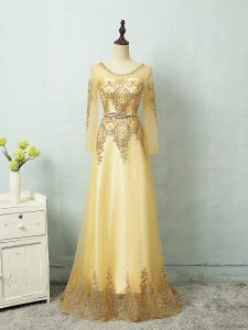 Modest Beading and Appliques and Belt Homecoming Dress Yellow Zipper Long Sleeves Floor Length