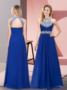 Sleeveless Chiffon Floor Length Zipper Evening Dress in Blue with Beading and Ruching