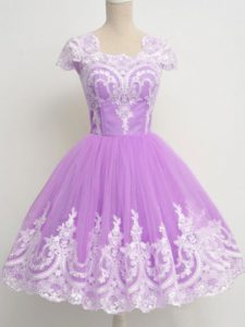 Lavender Quinceanera Court of Honor Dress Prom and Party and Wedding Party with Lace Square 3 4 Length Sleeve Zipper