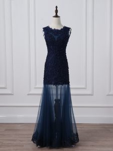Stylish Navy Blue Column/Sheath Scoop Sleeveless Tulle Floor Length Lace Up Lace and Appliques Prom Party Dress