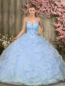Sweetheart Sleeveless Quinceanera Dresses Floor Length Beading and Ruffles Light Blue Tulle