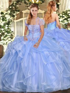 Floor Length Lace Up Ball Gown Prom Dress Light Blue for Military Ball and Sweet 16 and Quinceanera with Appliques and Ruffles