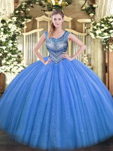 Scoop Sleeveless Lace Up Sweet 16 Dress Blue Tulle