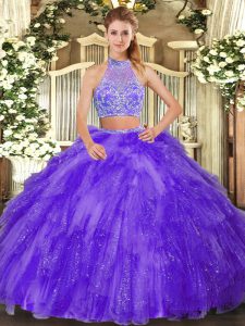Exquisite Halter Top Sleeveless 15th Birthday Dress Floor Length Beading and Ruffles Purple Tulle