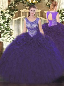 Purple Organza Lace Up Scoop Sleeveless Floor Length Quinceanera Gown Beading and Ruffles