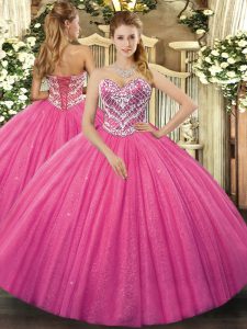 Glamorous Hot Pink Lace Up Quinceanera Gowns Beading Sleeveless Floor Length