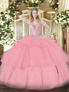 Discount Beading and Ruffled Layers Sweet 16 Quinceanera Dress Baby Pink Lace Up Sleeveless Floor Length