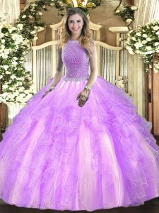 Lavender Ball Gowns Beading and Ruffles Quinceanera Gown Lace Up Tulle Sleeveless Floor Length