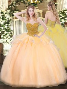 Romantic Orange Red Ball Gown Prom Dress Military Ball and Sweet 16 and Quinceanera with Beading Sweetheart Sleeveless Lace Up