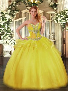Fashionable Gold Sweetheart Neckline Beading Quinceanera Gowns Sleeveless Lace Up