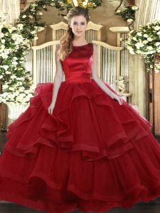 High End Wine Red Sleeveless Ruffled Layers Floor Length Sweet 16 Dresses