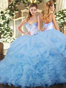 Blue Sweet 16 Quinceanera Dress Organza Sleeveless Beading and Ruffles and Pick Ups