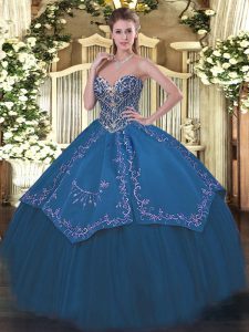 Blue Lace Up Sweetheart Beading and Embroidery Ball Gown Prom Dress Taffeta and Tulle Sleeveless