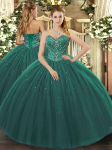 Super Dark Green Ball Gowns Sweetheart Sleeveless Tulle Floor Length Lace Up Beading Ball Gown Prom Dress