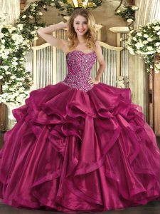 Dynamic Wine Red Sweetheart Lace Up Beading and Ruffles Quinceanera Dress Sleeveless