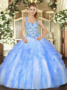 Dynamic Straps Sleeveless 15th Birthday Dress Floor Length Beading and Ruffles Blue And White Organza