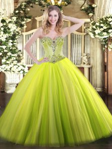 Deluxe Sweetheart Sleeveless Quinceanera Gown Floor Length Beading Yellow Green Tulle