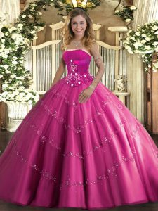 Hot Sale Hot Pink Strapless Lace Up Beading and Appliques Quinceanera Dress Sleeveless