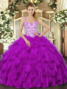 Fuchsia Ball Gown Prom Dress Sweet 16 and Quinceanera with Beading and Appliques and Ruffles Straps Sleeveless Lace Up