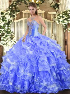 Unique Blue Sleeveless Floor Length Beading and Ruffled Layers Lace Up Quinceanera Gowns