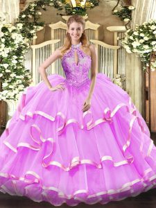 Spectacular Lilac Ball Gowns Organza Halter Top Sleeveless Beading Floor Length Lace Up Sweet 16 Dress