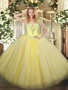 Custom Made Floor Length Light Yellow Quinceanera Dresses Tulle Sleeveless Beading