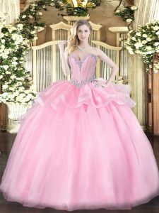 Popular Beading 15th Birthday Dress Pink Lace Up Sleeveless Floor Length