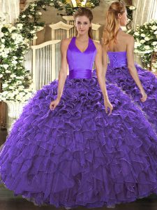 Purple Halter Top Neckline Ruffles 15 Quinceanera Dress Sleeveless Lace Up