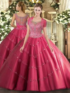 Stunning Scoop Sleeveless Sweet 16 Dresses Floor Length Beading and Appliques Hot Pink Tulle