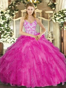Fuchsia Straps Neckline Appliques and Ruffles Sweet 16 Quinceanera Dress Sleeveless Lace Up