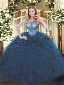 Navy Blue Ball Gowns Scoop Sleeveless Organza Floor Length Lace Up Beading and Ruffles 15th Birthday Dress