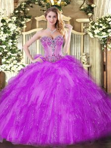 Free and Easy Fuchsia Tulle Lace Up 15th Birthday Dress Sleeveless Floor Length Beading and Ruffles