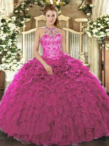 Ball Gowns 15th Birthday Dress Fuchsia Halter Top Organza Sleeveless Floor Length Lace Up