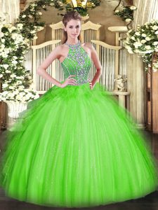 Adorable Sleeveless Tulle Floor Length Lace Up 15th Birthday Dress in with Beading and Ruffles