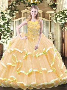 Beauteous Organza Sleeveless Floor Length 15 Quinceanera Dress and Beading and Ruffled Layers