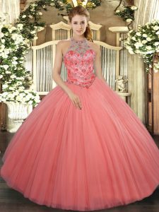 Beading and Embroidery 15 Quinceanera Dress Watermelon Red Lace Up Sleeveless Floor Length