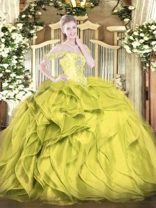 Latest Olive Green Organza Lace Up 15th Birthday Dress Sleeveless Floor Length Beading and Ruffles