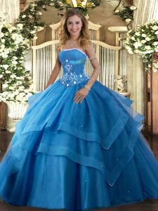 Edgy Tulle Strapless Sleeveless Lace Up Beading and Ruffled Layers Sweet 16 Dress in Baby Blue