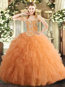 Fashion Tulle Sweetheart Sleeveless Lace Up Beading and Ruffles Ball Gown Prom Dress in Orange