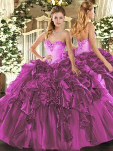 Fantastic Sleeveless Organza Floor Length Lace Up Vestidos de Quinceanera in Fuchsia with Beading and Ruffles